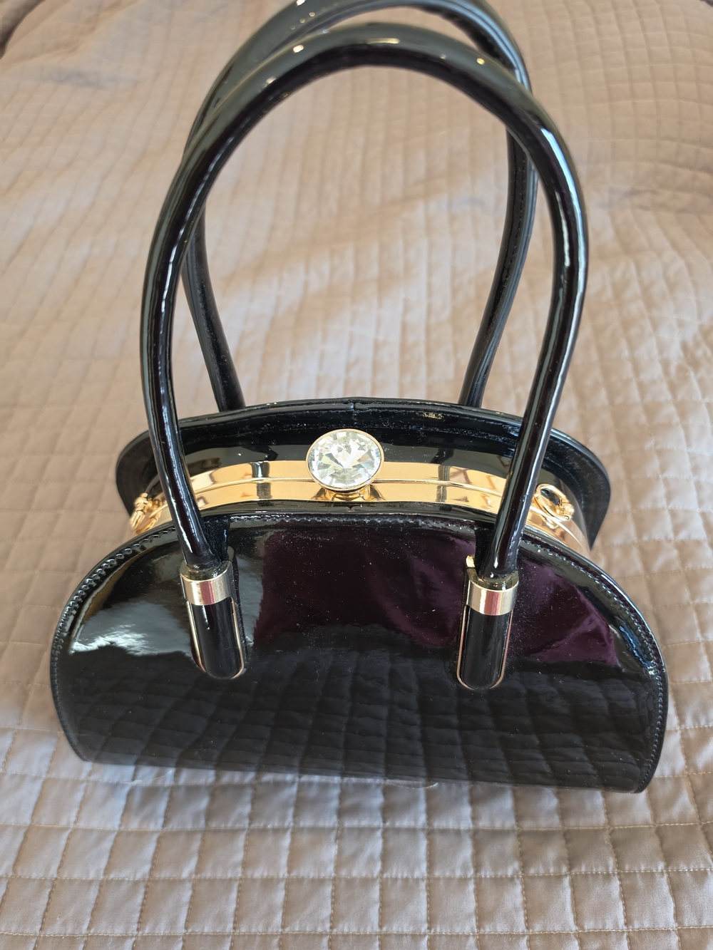 Patent Faux-Leather Black Dome Satchel with Gold Accents